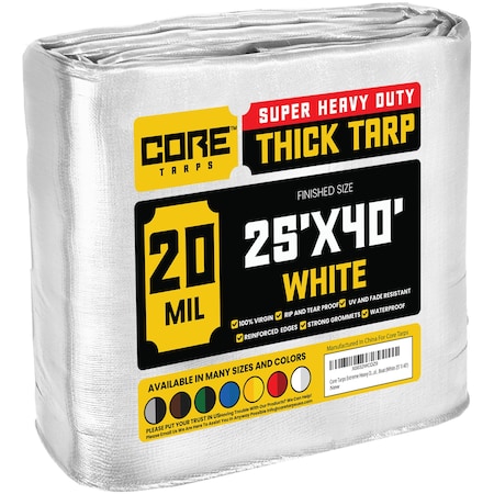 Core Tarps Heavy Duty Tarp, 40 ft L x 0.5 mm H x 25 ft W, 20 Mil, White, Polyethylene CT-704-25X40